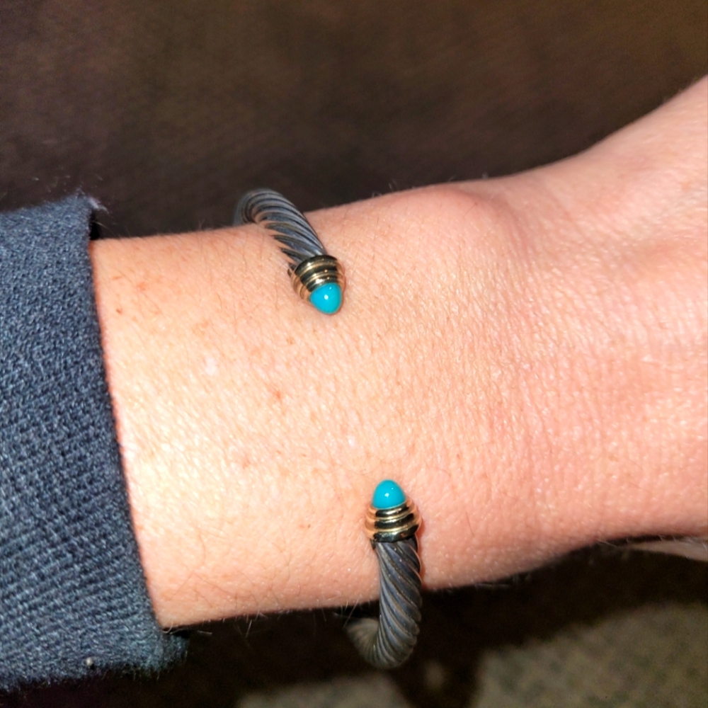 David Yurman Silver and Gold 4mm cable bracelet with turquoise